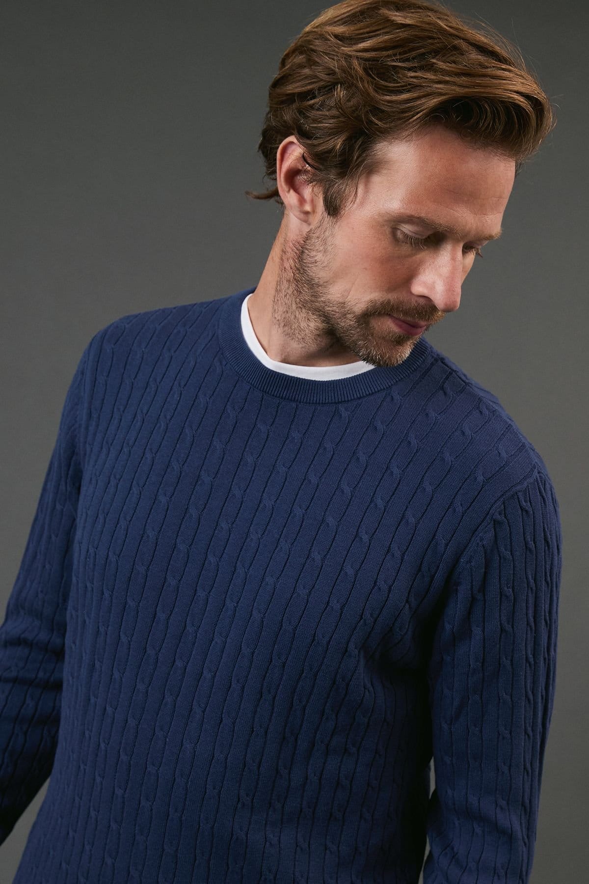 Maine Maine Men's Premium Pure Cotton Cable Crew Neck Jumper in Blue - 4