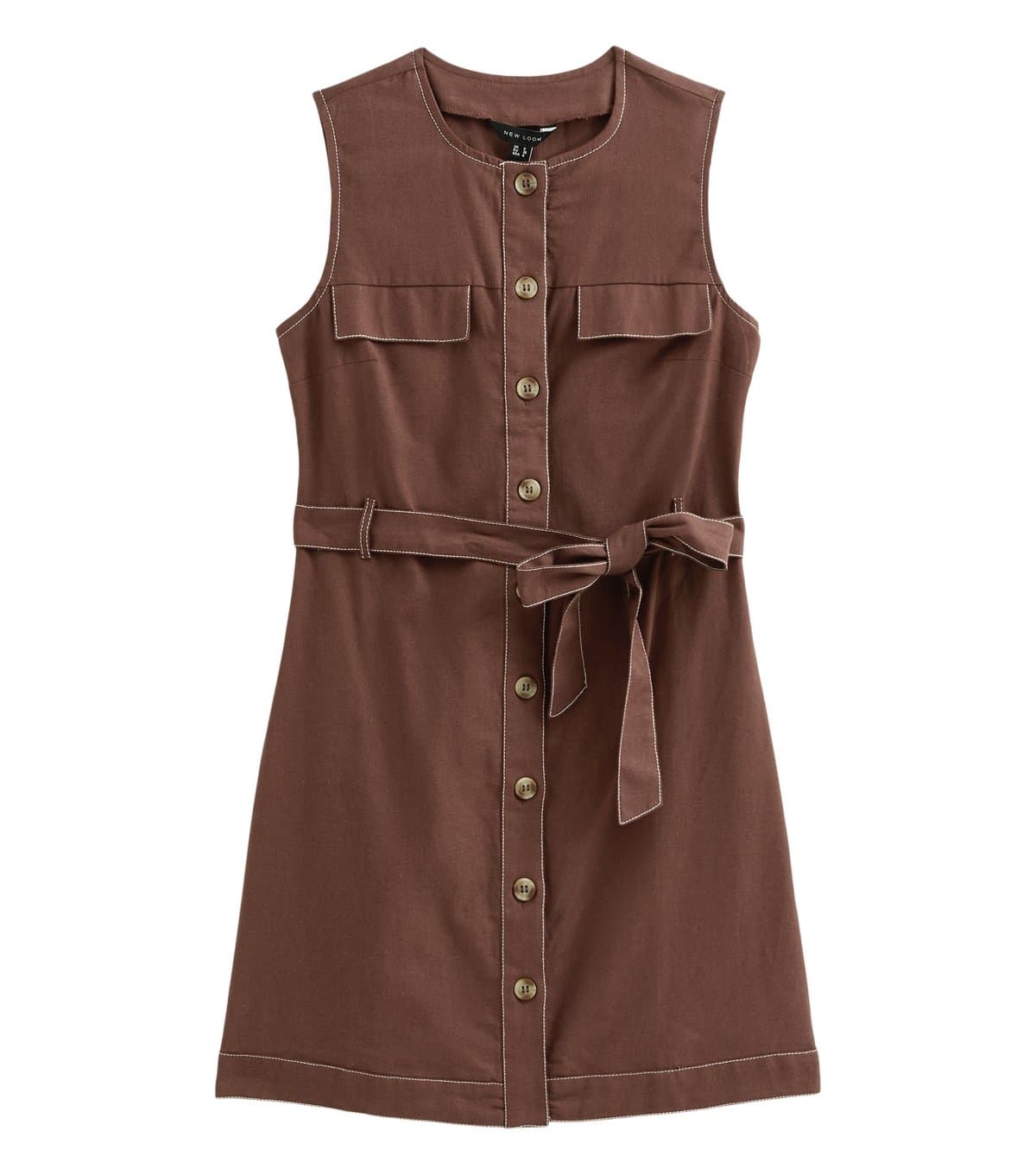 New Look Women's Dark Brown Cotton Rich Contrast Stitch Button Through Mini Dress New Look