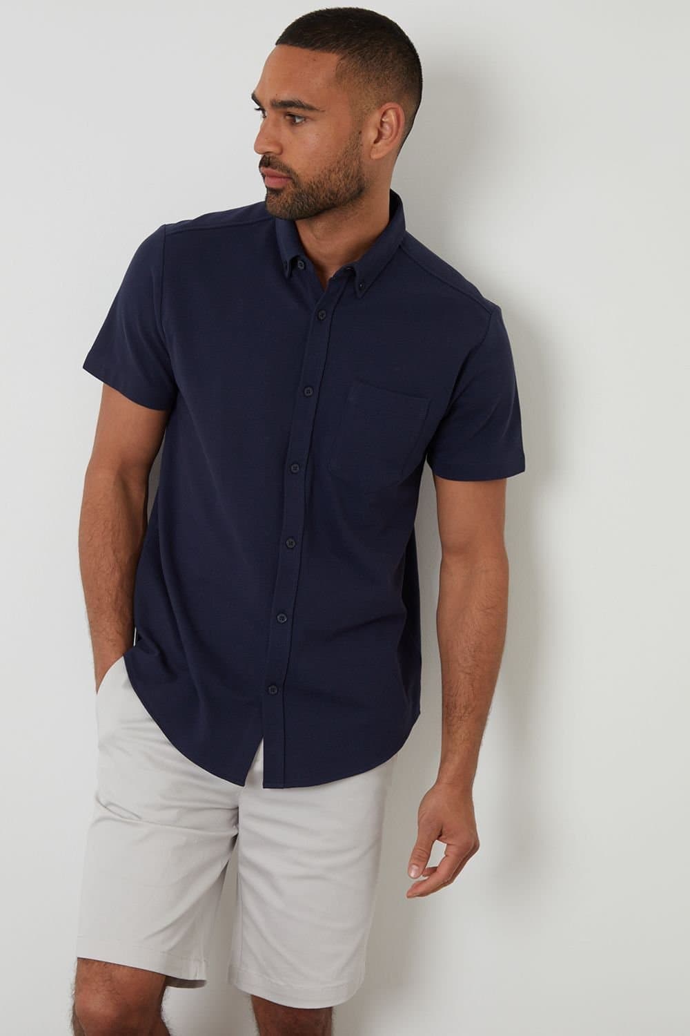 Threadbare Threadbare Men's Cotton Pique Short Sleeve Shirt in Navy
