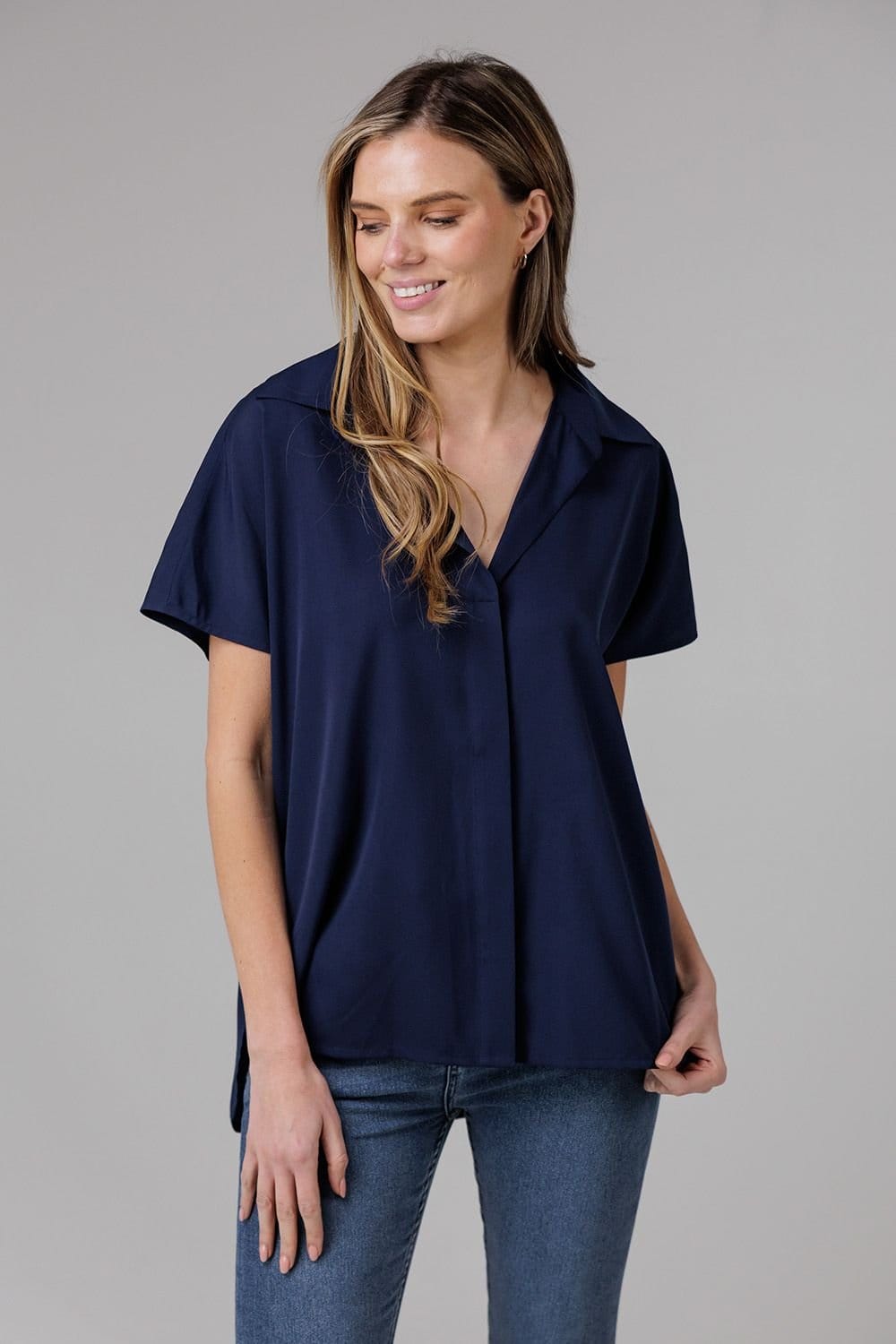 French Connection French Connection Women's Popover Short Sleeve Collared High Low Blouse in Navy - 1
