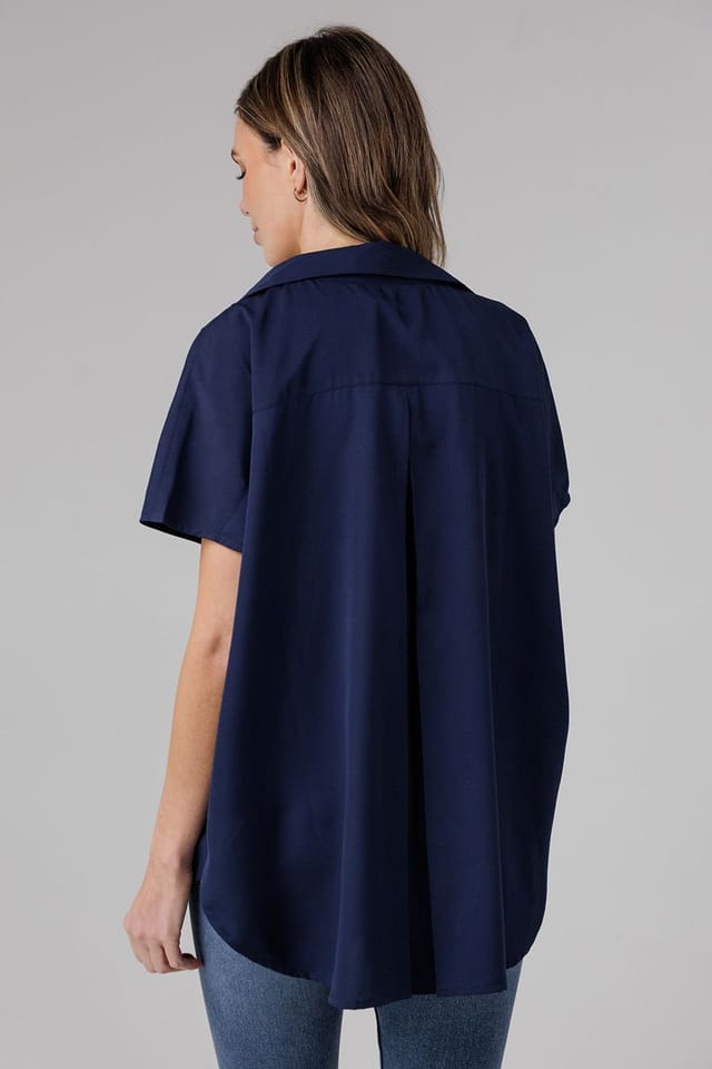 French Connection French Connection Women's Popover Short Sleeve Collared High Low Blouse in Navy - 2