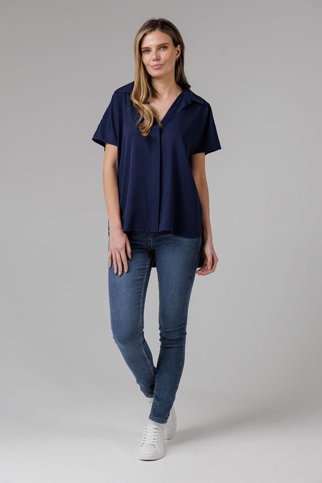 French Connection French Connection Women's Popover Short Sleeve Collared High Low Blouse in Navy - 3