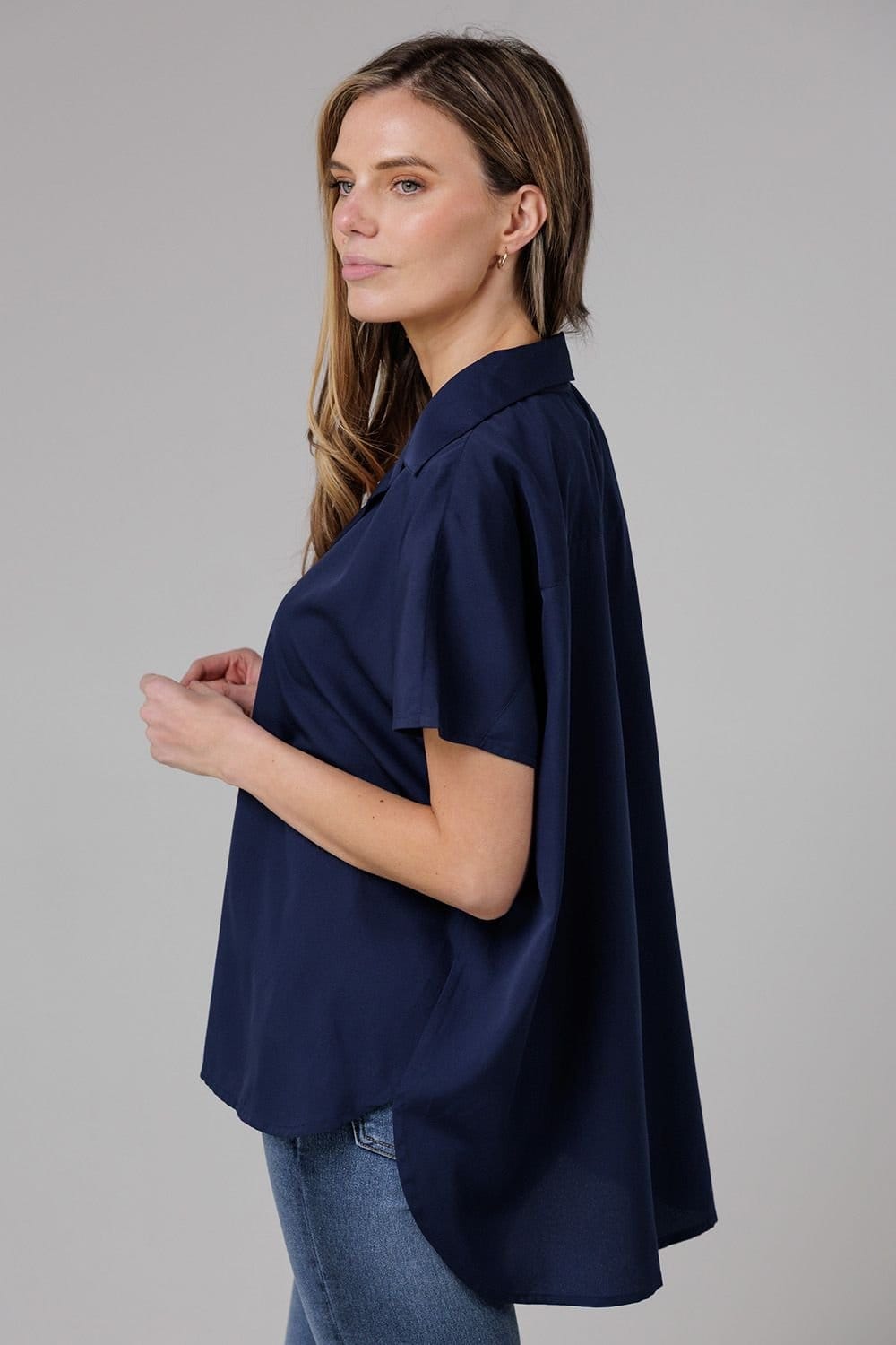 French Connection French Connection Women's Popover Short Sleeve Collared High Low Blouse in Navy - 4