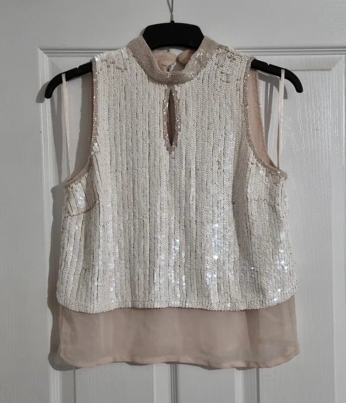 Coast New Coast Tabitha Ivory Iridescent Sequin Nude Overlay Blouse Top Size 6