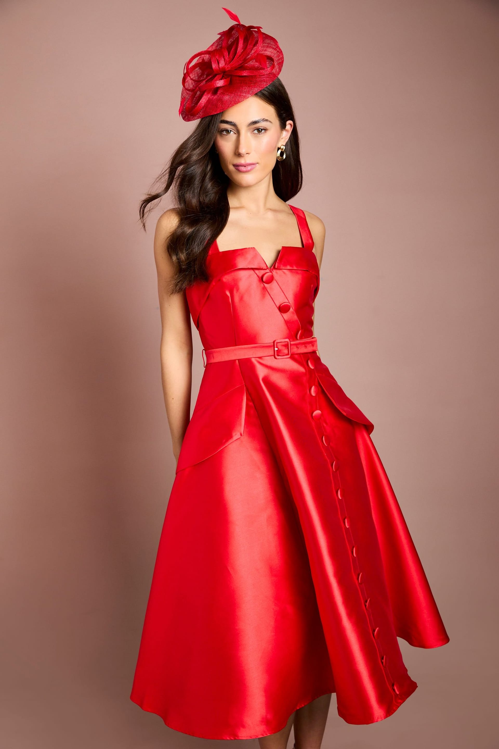 Coast Coast Women's Lisa Tan Twill Volume Belted Midi Dress in Red - 4