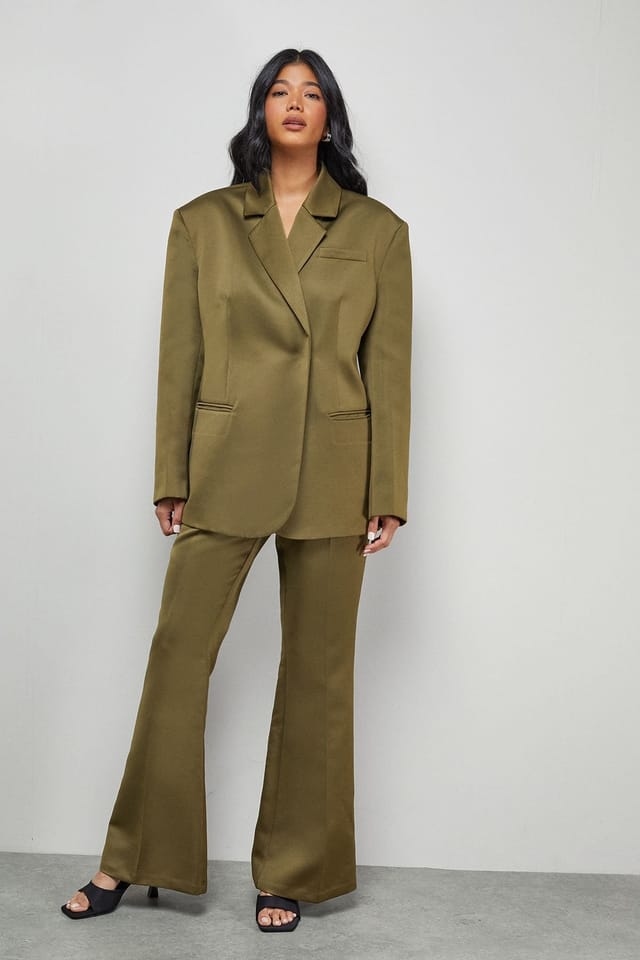 Warehouse Warehouse Women's Premium Satin Oversized Blazer Co-ord in Olive - 2