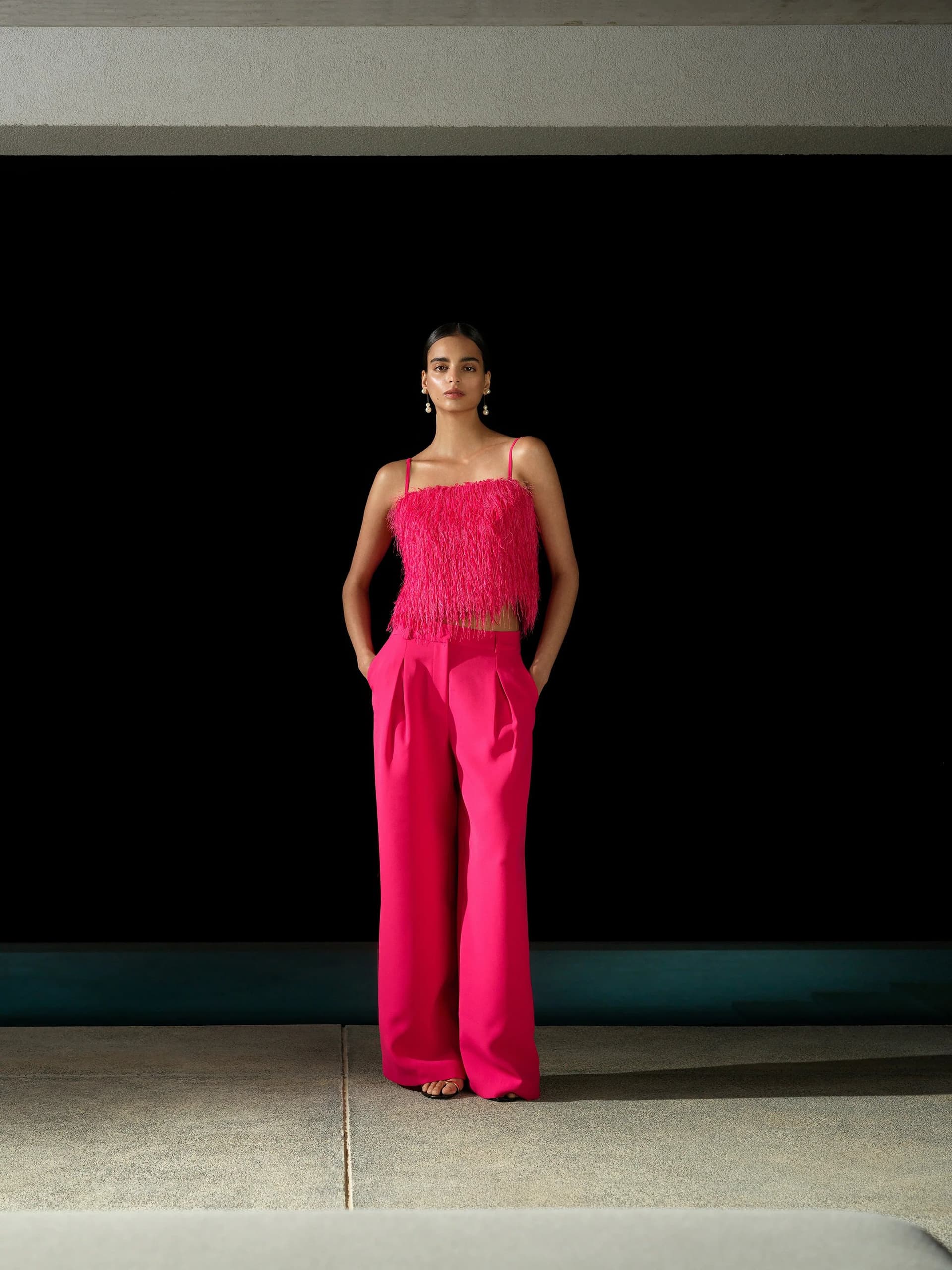 French Connection Tiana Crepe Pleated Wide Leg Trousers Peony Pink