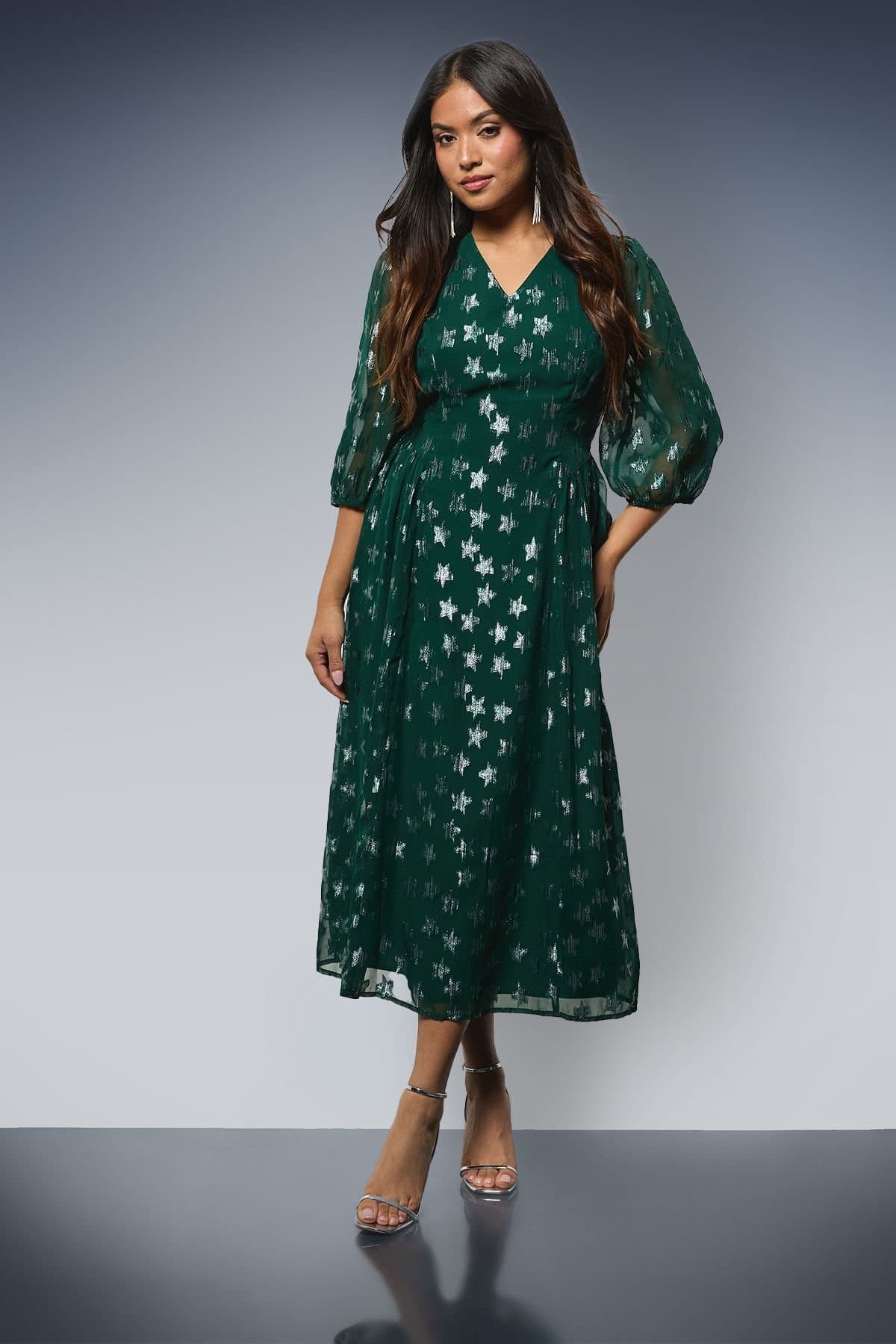 Dorothy Perkins Dorothy Perkins Women's Petite DP Luxe Star Jacquard V Neck Blouson Sleeve Midi Dress in Green