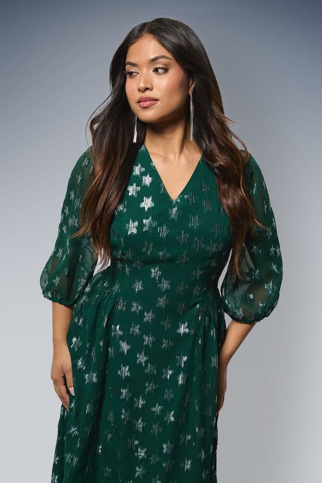 Dorothy Perkins Dorothy Perkins Women's Petite DP Luxe Star Jacquard V Neck Blouson Sleeve Midi Dress in Green - 2