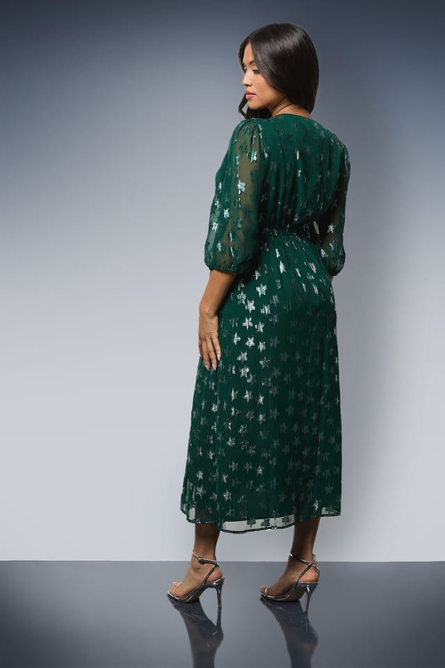 Dorothy Perkins Dorothy Perkins Women's Petite DP Luxe Star Jacquard V Neck Blouson Sleeve Midi Dress in Green - 3