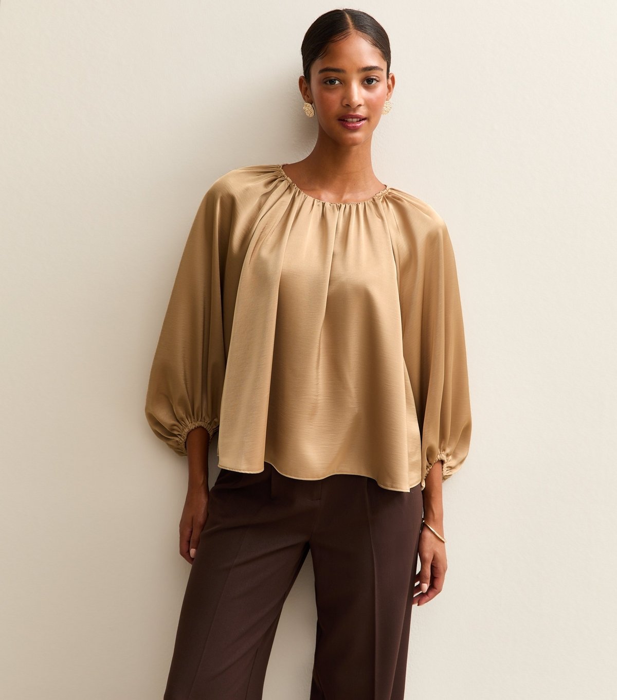 New Look Women's Gold Satin Gathered Crop Sleeve Blouse New Look - 1