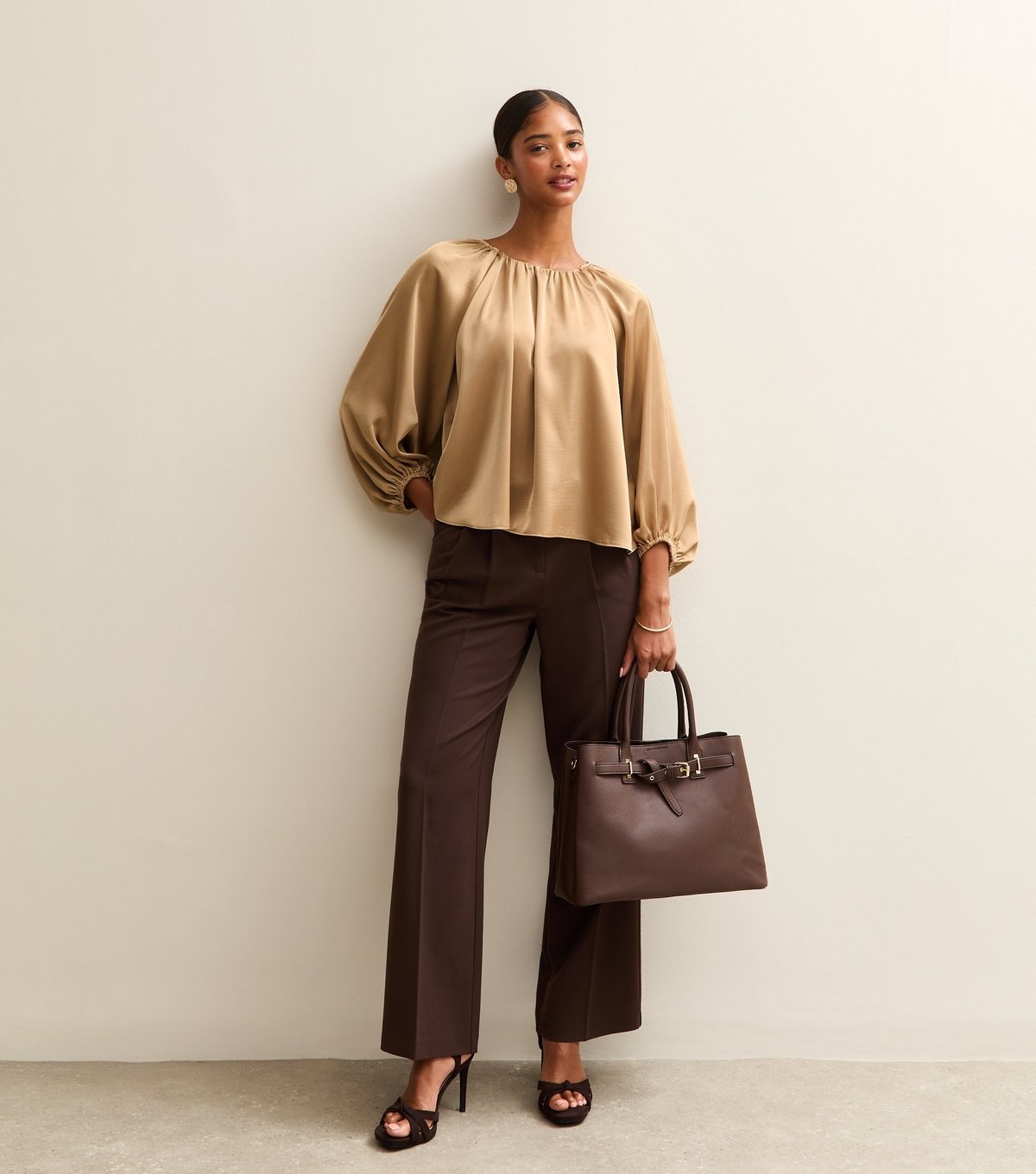 New Look Women's Gold Satin Gathered Crop Sleeve Blouse New Look - 3