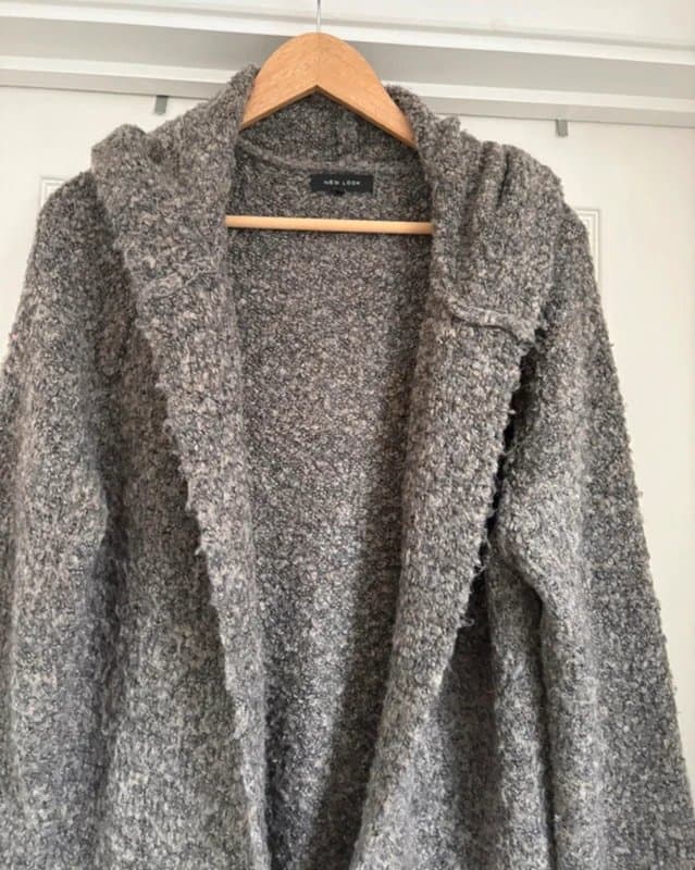 New Look Soft Women's New Look Longline Grey Hooded Boucle Edge to Edge Knitted Cardigan size M 12-14
