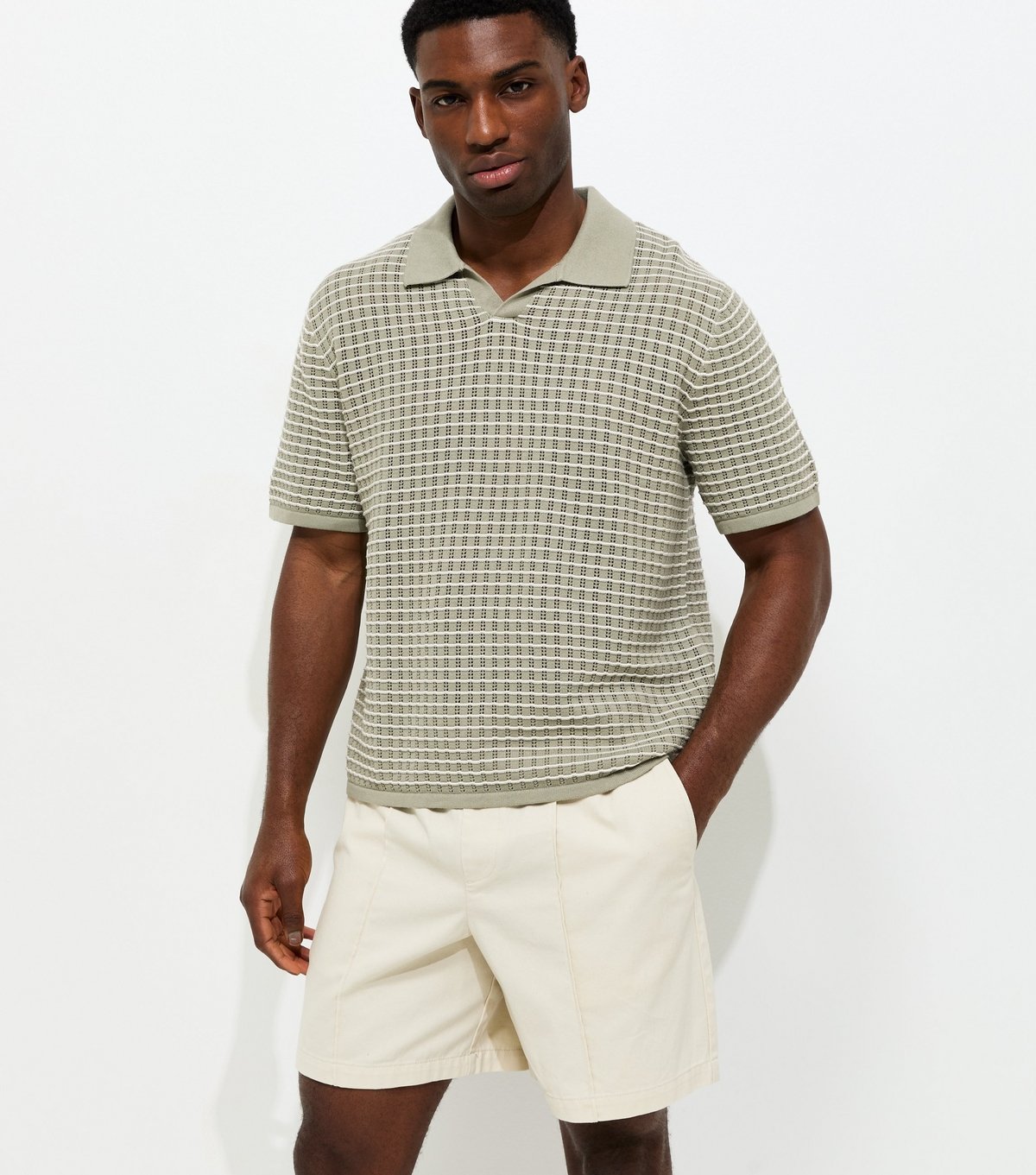 jack & jones Men's Light Khaki Relaxed Pointelle Knit Polo Shirt Jack & Jones New Look - 2