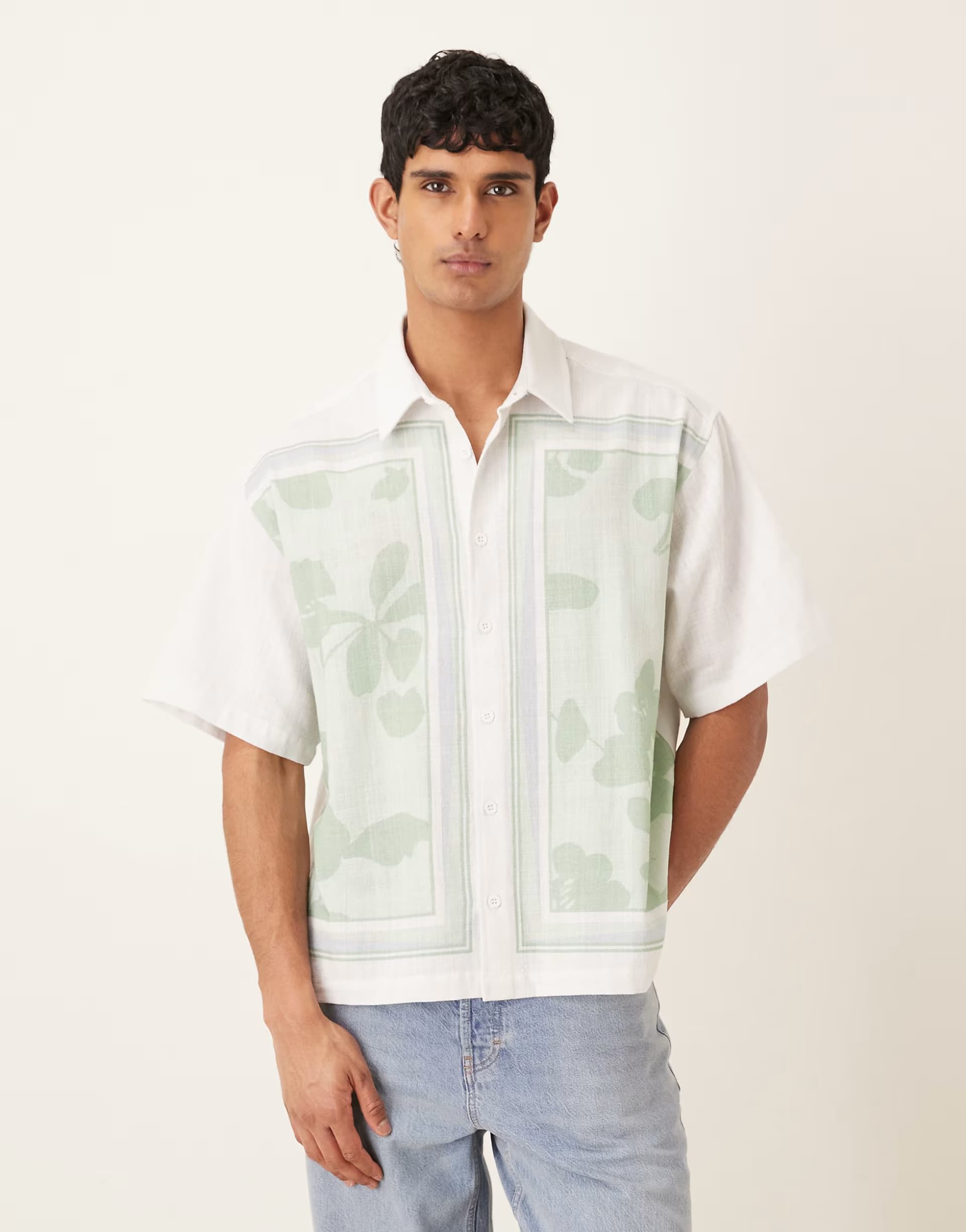 ASOS ASOS DESIGN oversized shirt with floral placement print in green and beige