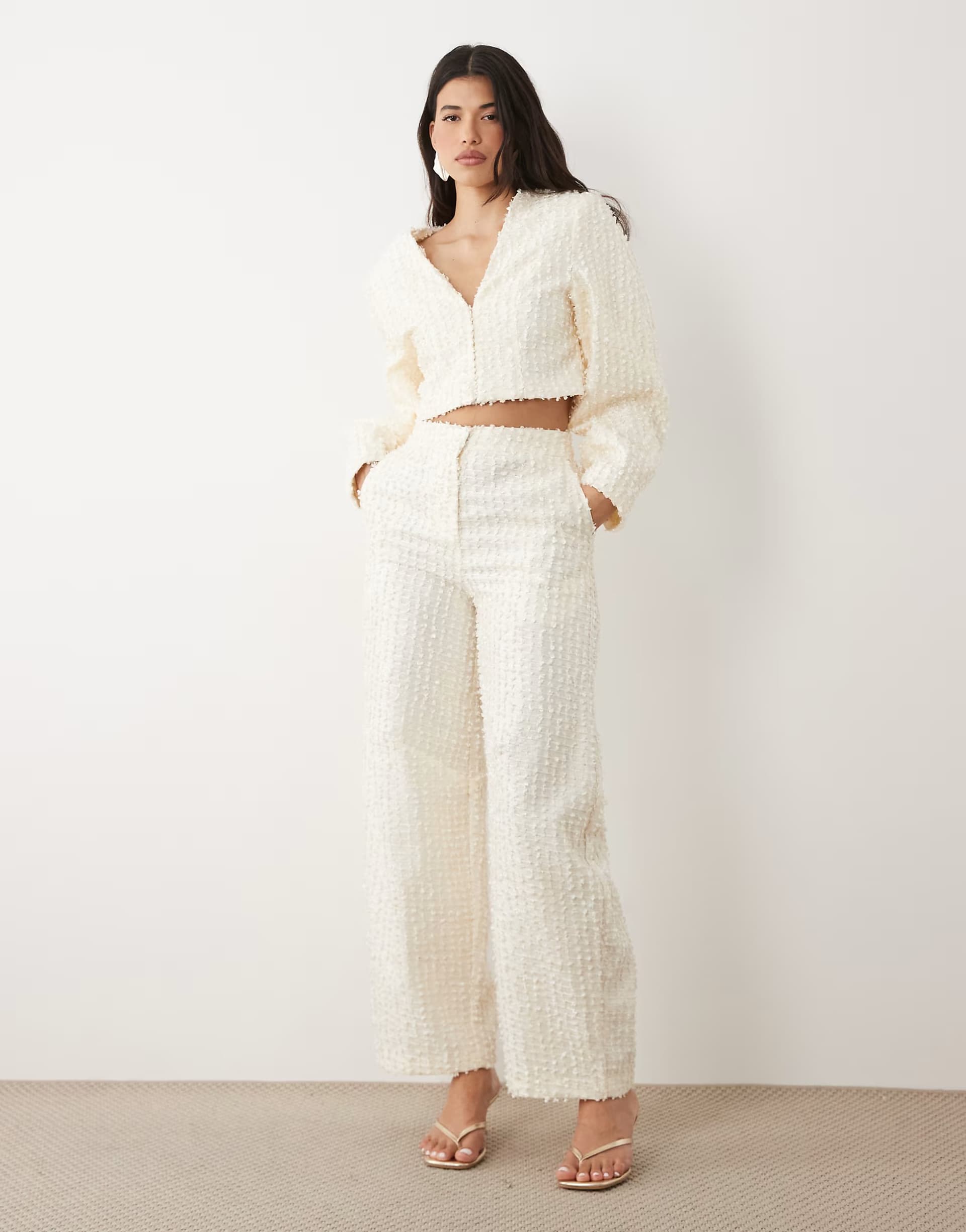 ASOS ASOS LUXE boucle barrel leg  trouser co-ord in cream