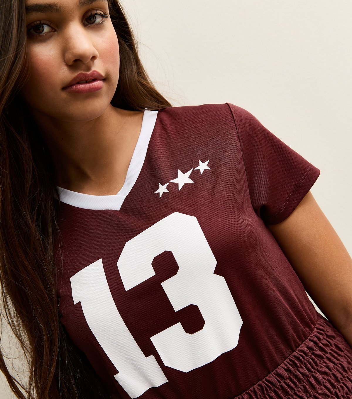 New Look Girls' Dark Burgundy Star Print Shirred Hem Football Top New Look - 1