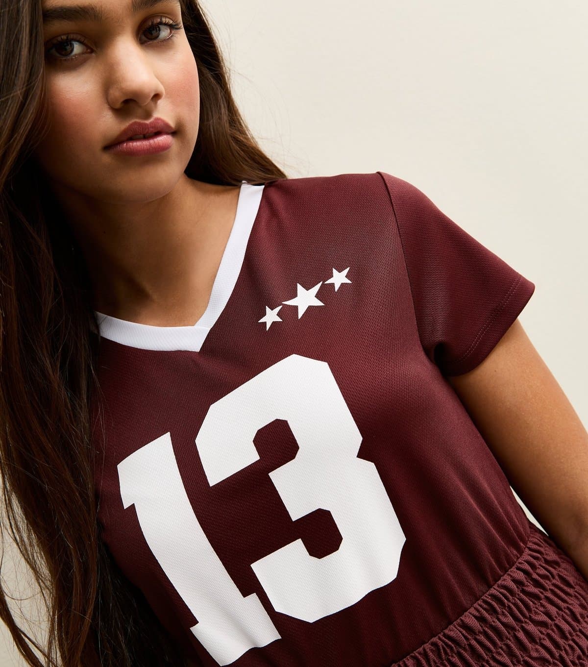 New Look Girls' Dark Burgundy Star Print Shirred Hem Football Top New Look