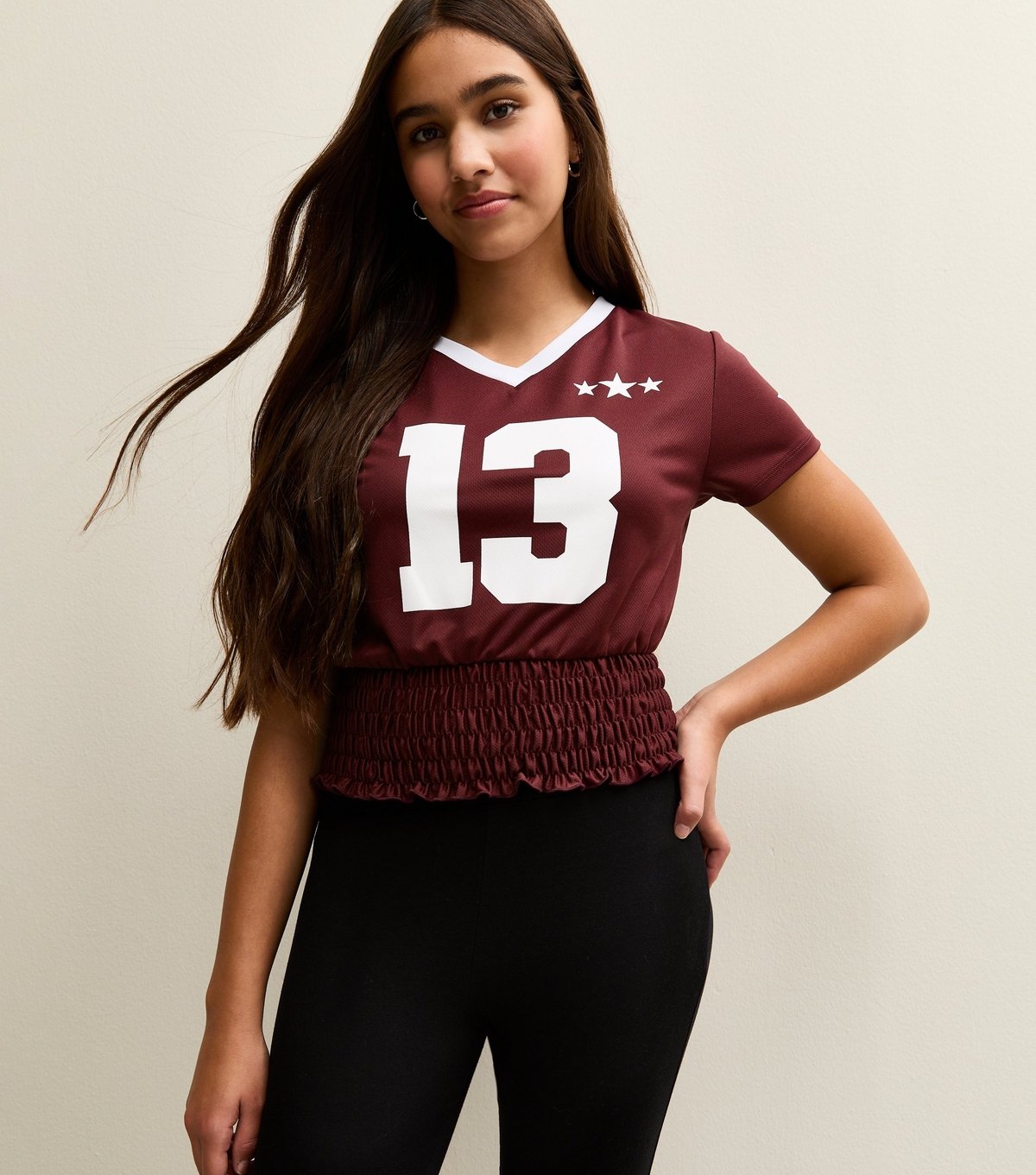 New Look Girls' Dark Burgundy Star Print Shirred Hem Football Top New Look - 2
