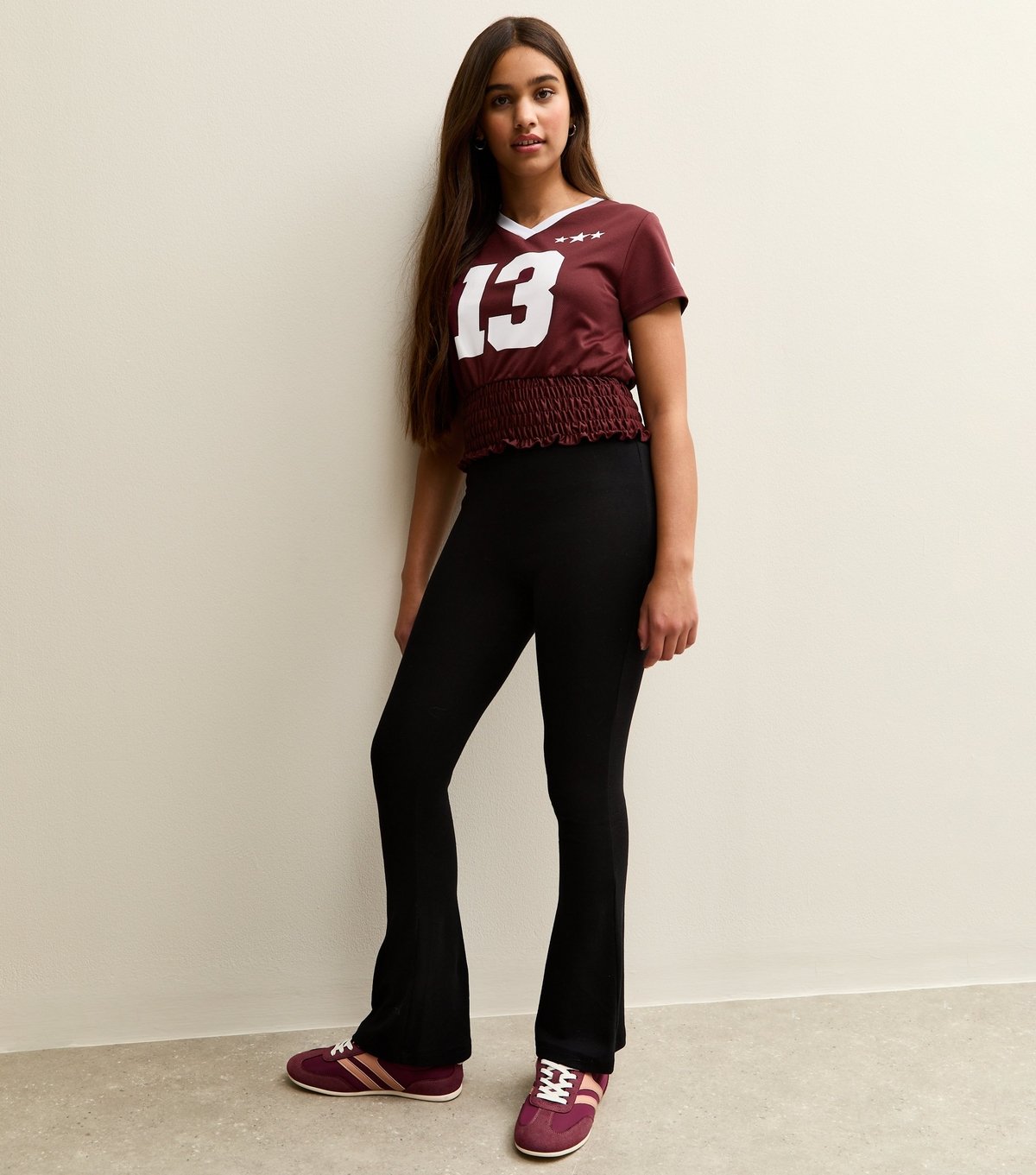 New Look Girls' Dark Burgundy Star Print Shirred Hem Football Top New Look - 3