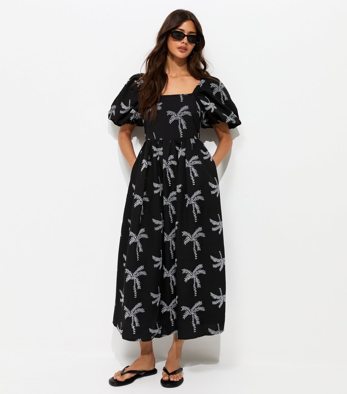 New Look Women's Black Embroidered Palm Tree Puff Sleeve Midi Dress New Look