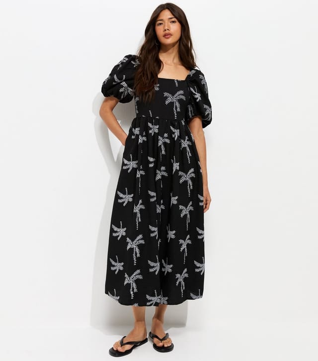 New Look Women's Black Embroidered Palm Tree Puff Sleeve Midi Dress New Look - 3