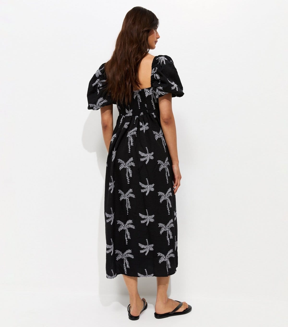New Look Women's Black Embroidered Palm Tree Puff Sleeve Midi Dress New Look - 4