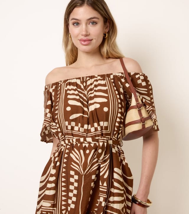 Blue Vanilla Women's Brown Printed Off The Shoulder Mini Dress Blue Vanilla New Look - 3