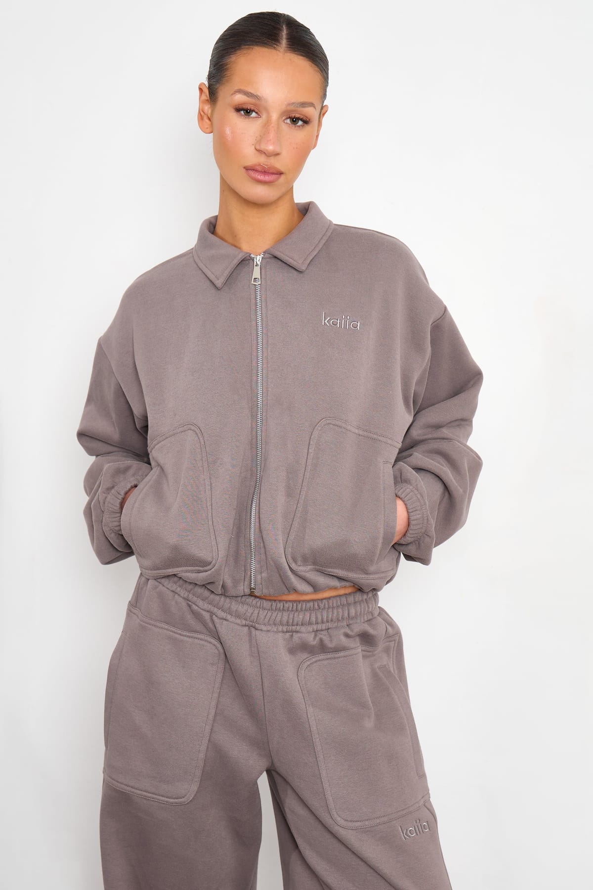 Kaiia Kaiia Pocket Detail Zip Through Sweatshirt Silver Grey - 1