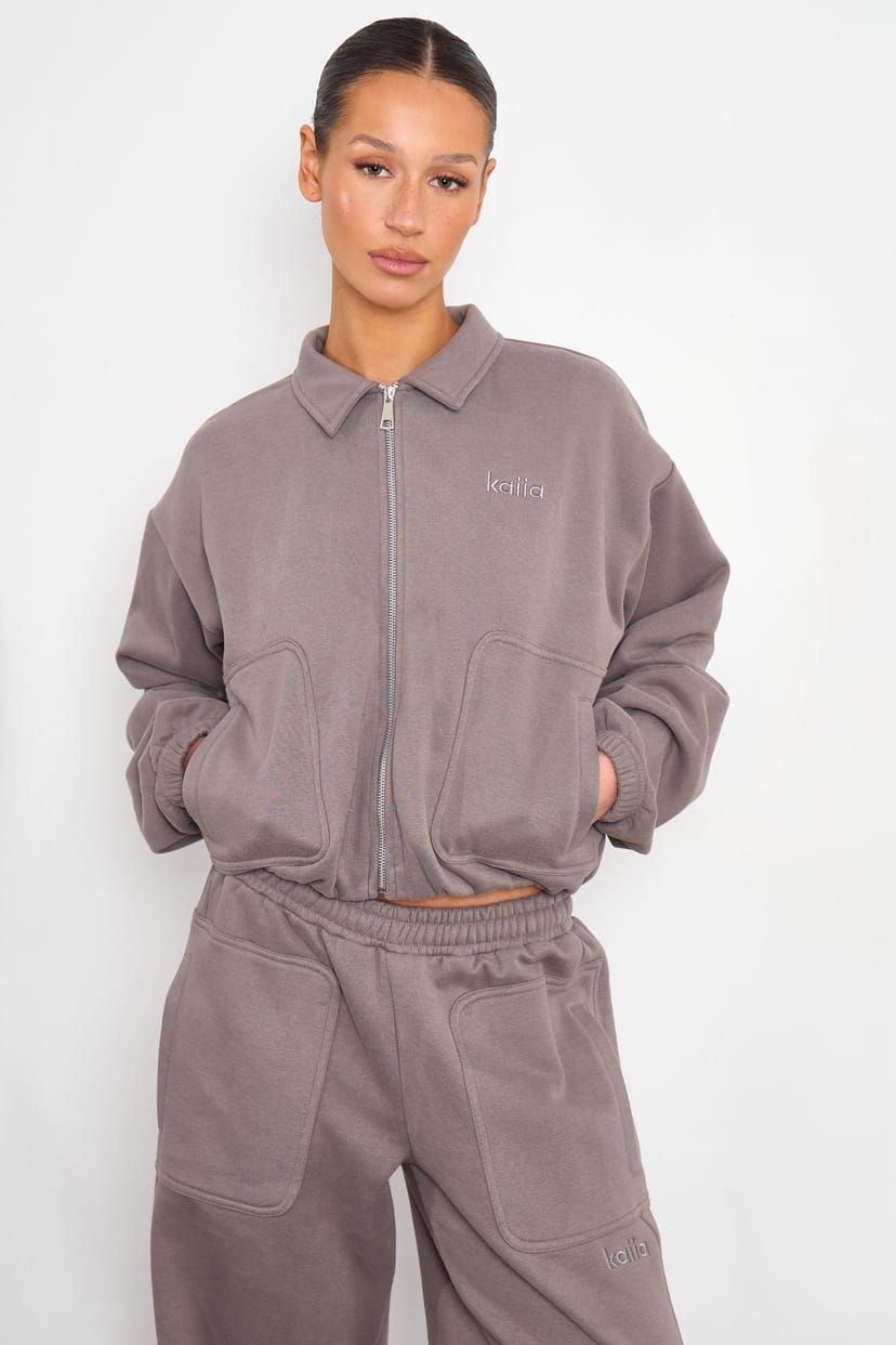 Kaiia Kaiia Pocket Detail Zip Through Sweatshirt Silver Grey - 1
