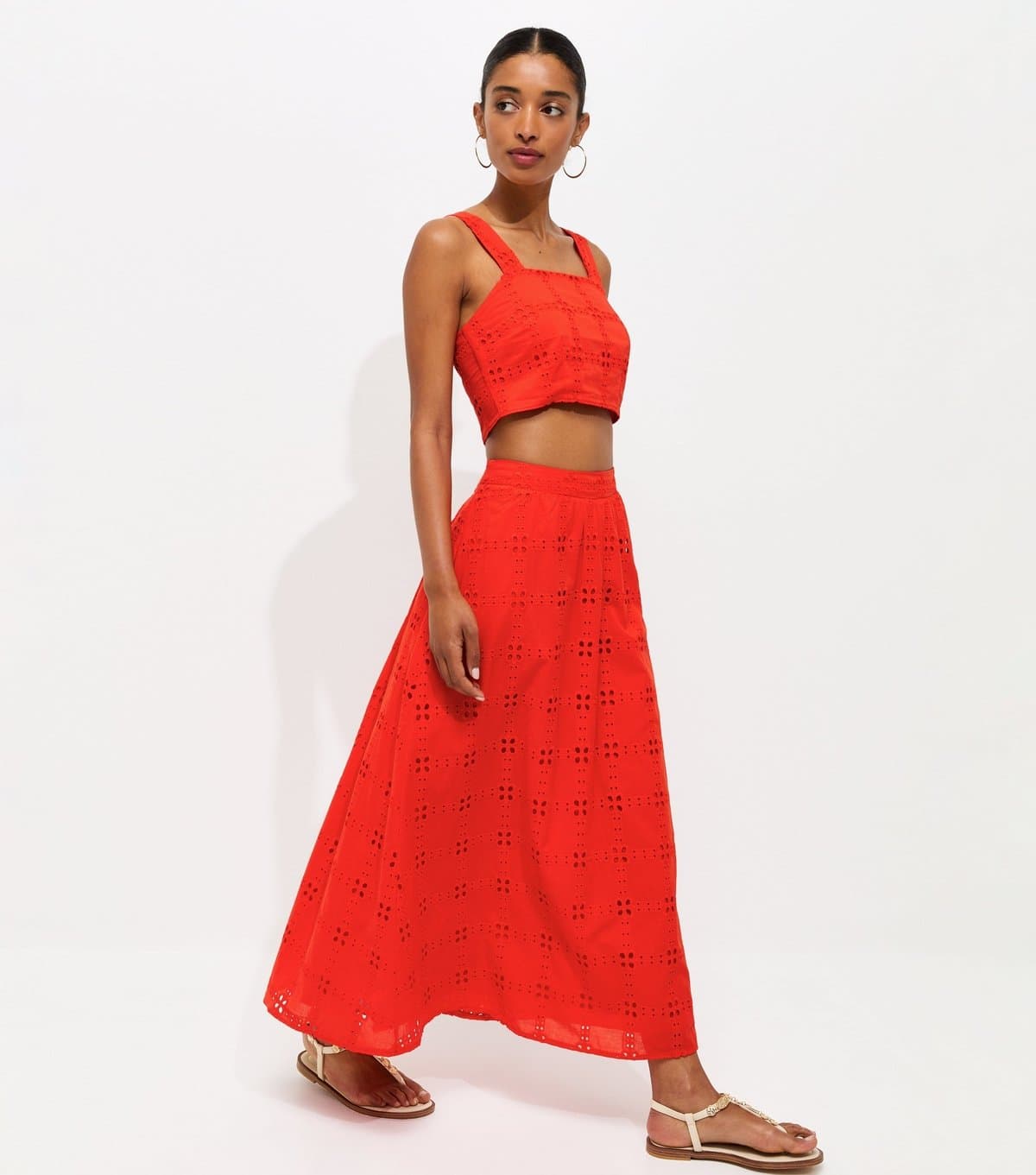New Look Women's Bright Orange Embroidered Cut Out Maxi Skirt New Look