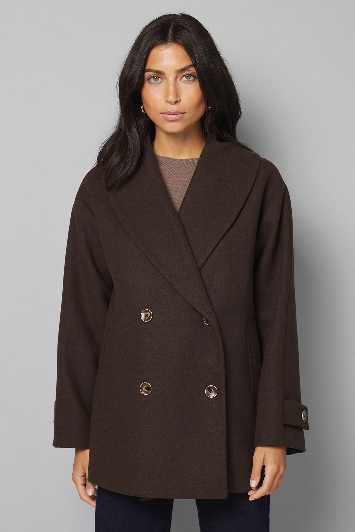 Wallis Wallis Women's Mid Length Shawl Collar Double Breasted Coat in Chocolate