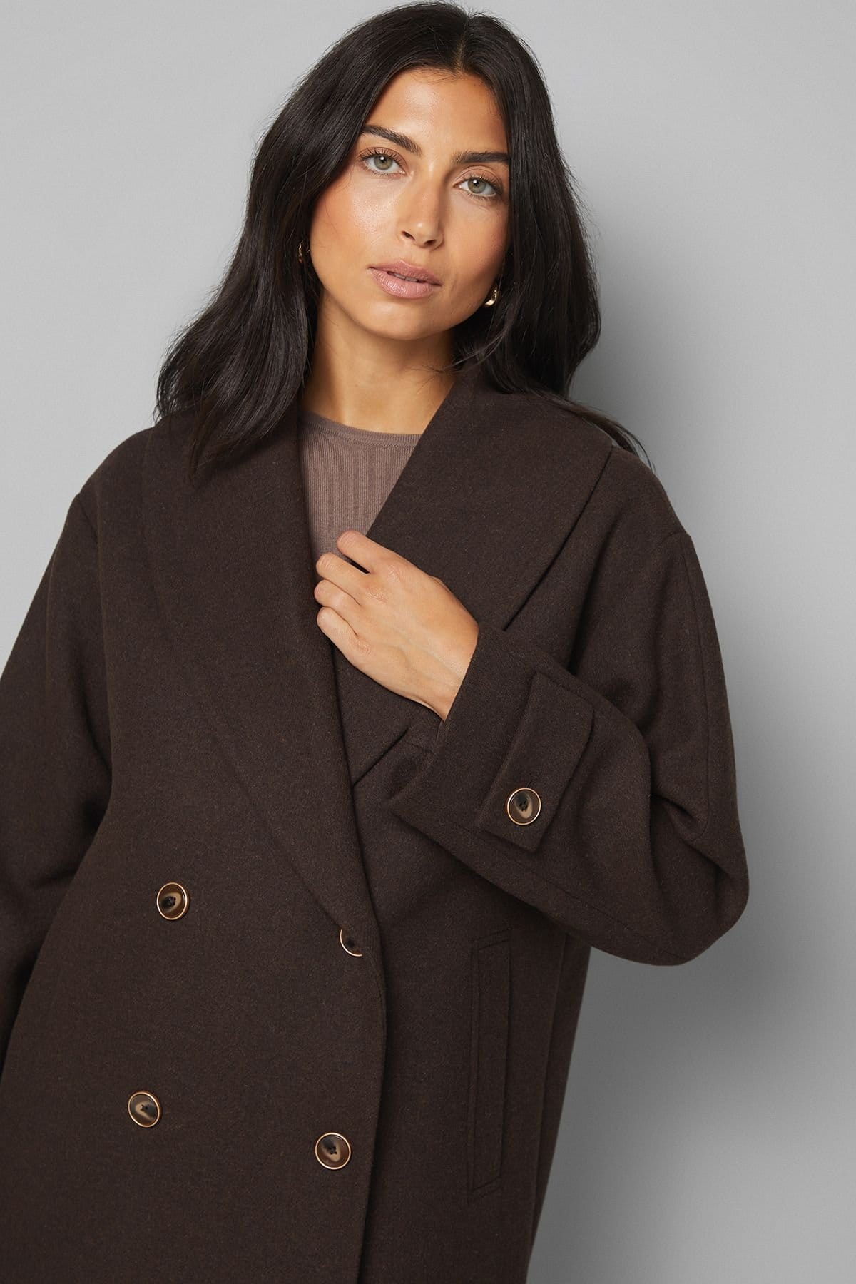 Wallis Wallis Women's Mid Length Shawl Collar Double Breasted Coat in Chocolate - 4