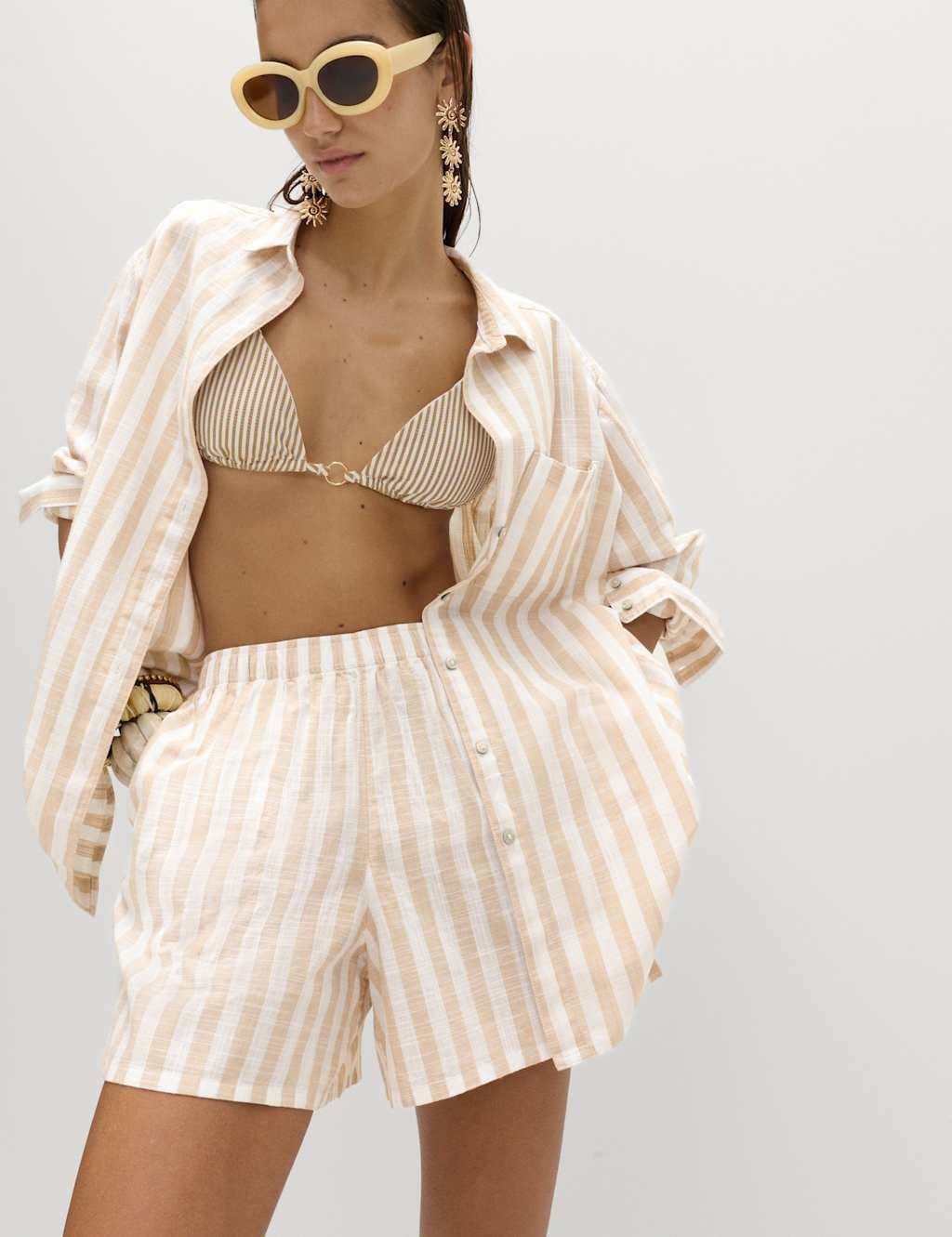 Marks & Spencer M&S Pure Cotton Striped Long Sleeve Beach Shirt Natural Mix