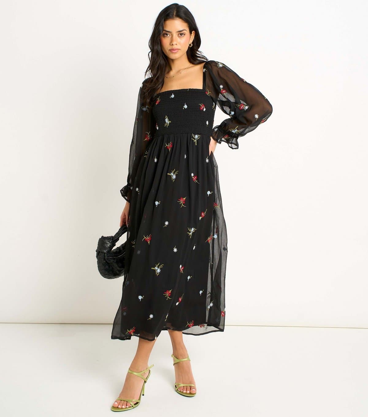 Gini London Women's Black Chiffon Floral Embroidered Midi Dress Gini London New Look