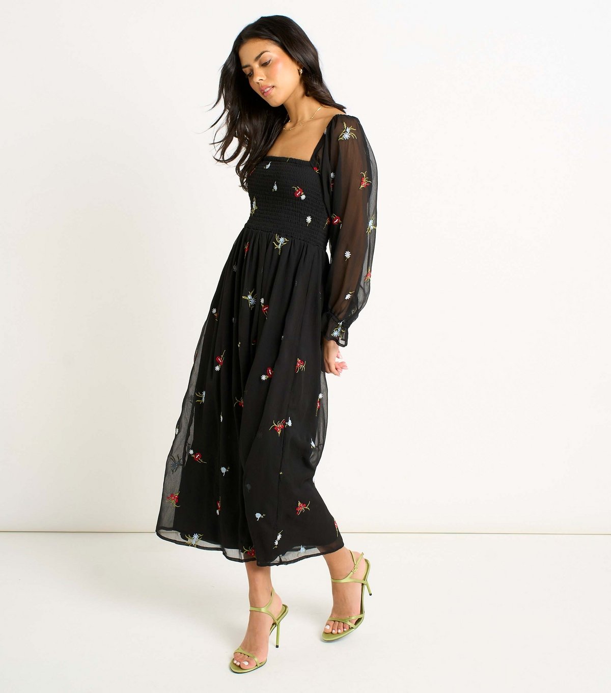 Gini London Women's Black Chiffon Floral Embroidered Midi Dress Gini London New Look - 3