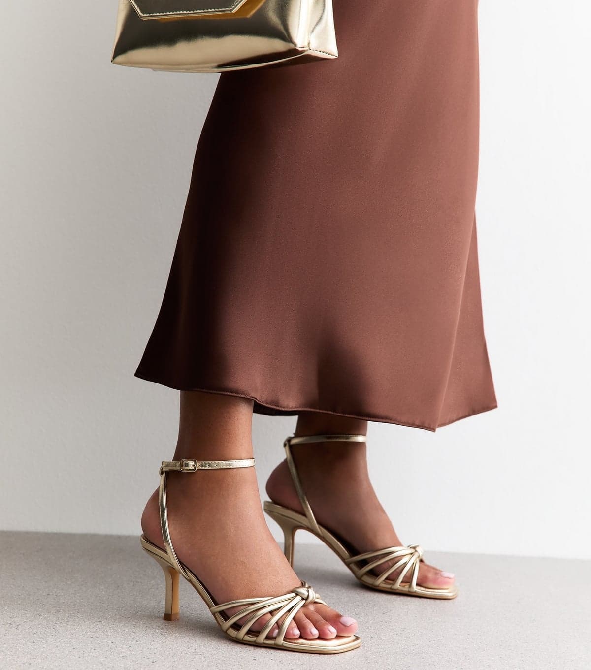 New Look Women's Gold Faux Leather Knot Detail Low Stiletto Sandals Vegan New Look