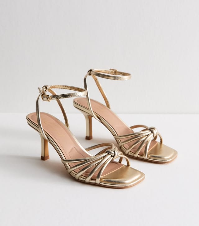 New Look Women's Gold Faux Leather Knot Detail Low Stiletto Sandals Vegan New Look - 2