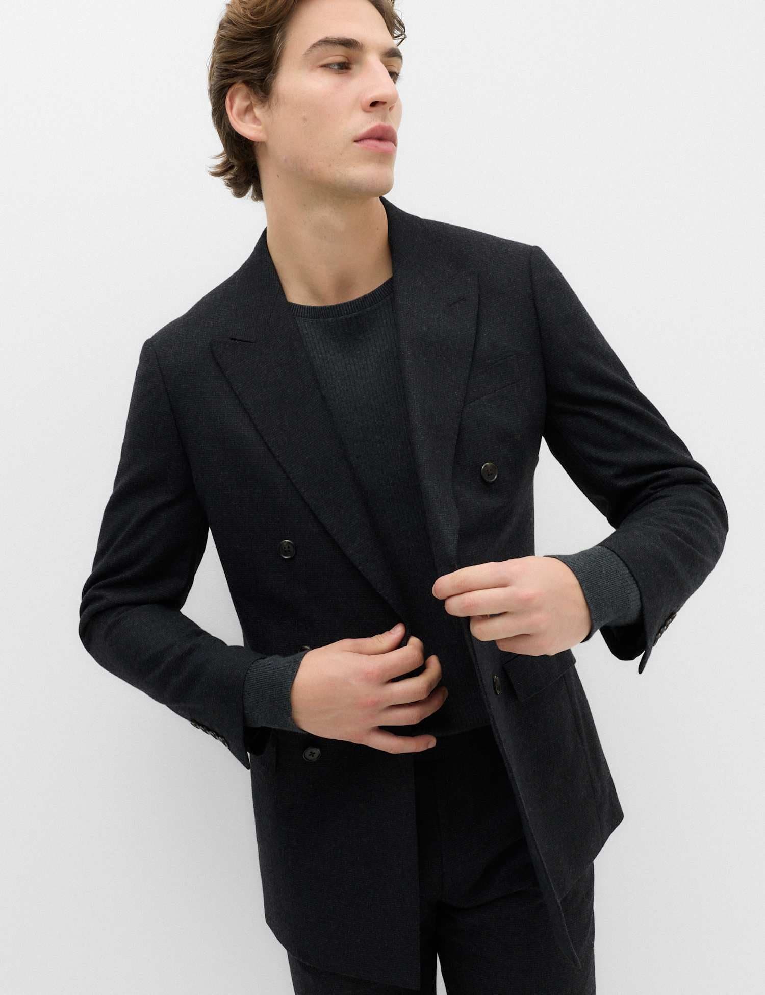Marks & Spencer M&S Regular Fit Wool Rich Tweed Double Breasted Jacket Dark Ink