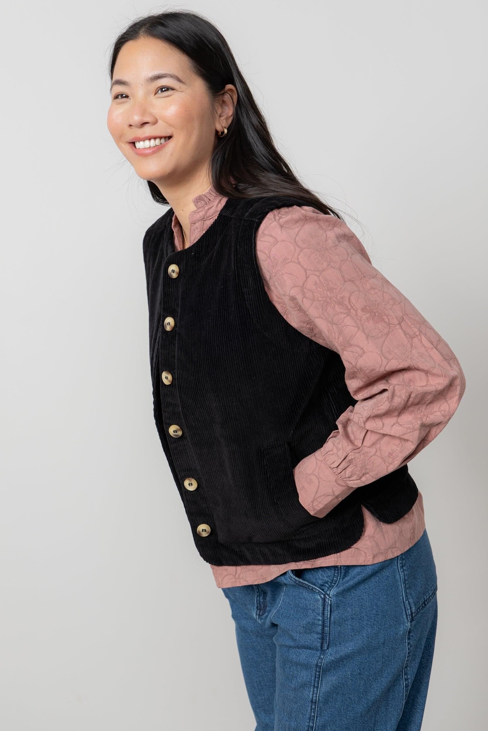 Lily & Me Lily & Me Women's Dusk Stretch Cotton Lined Jumbo Cord Gilet with Mock horn buttons in Black