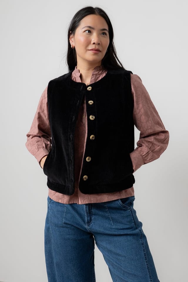 Lily & Me Lily & Me Women's Dusk Stretch Cotton Lined Jumbo Cord Gilet with Mock horn buttons in Black - 2