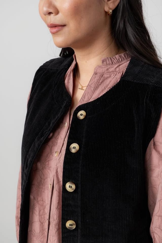 Lily & Me Lily & Me Women's Dusk Stretch Cotton Lined Jumbo Cord Gilet with Mock horn buttons in Black - 3