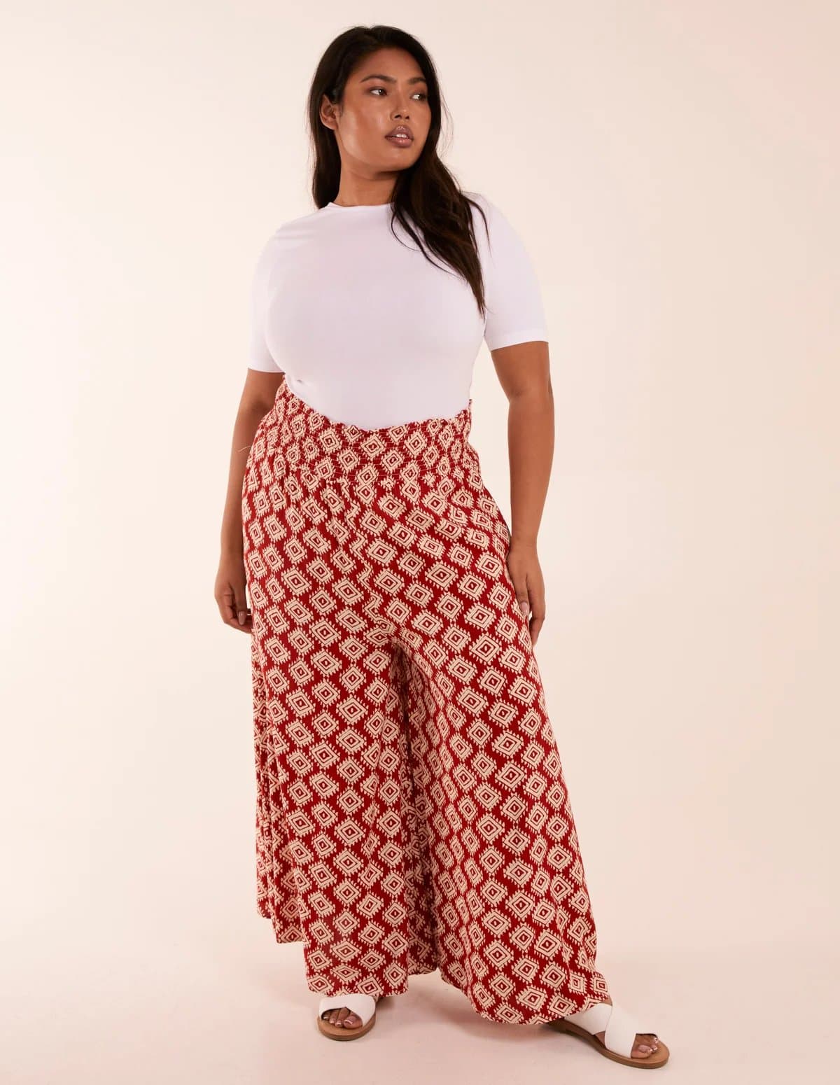 Blue Vanilla Curve Shirred Wide Leg Aztec Trousers