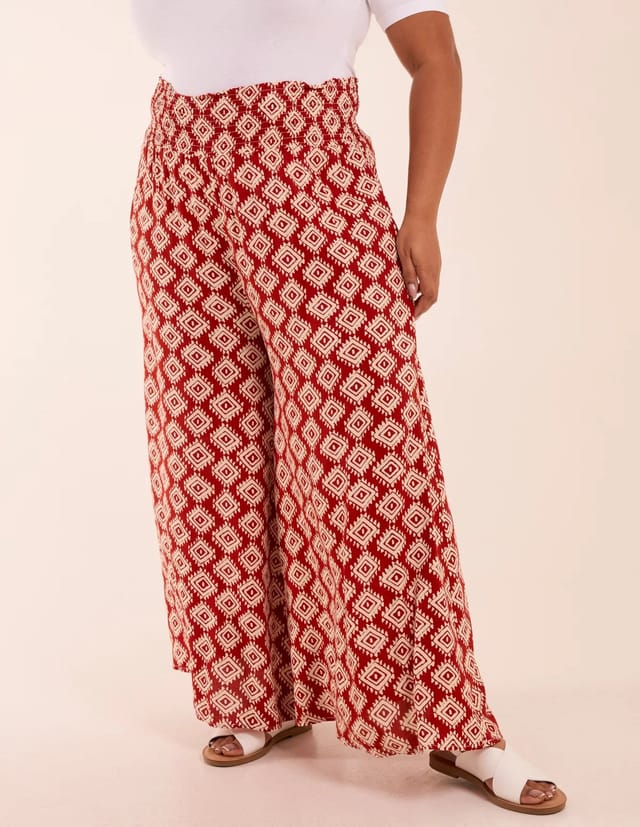 Blue Vanilla Curve Shirred Wide Leg Aztec Trousers - 2