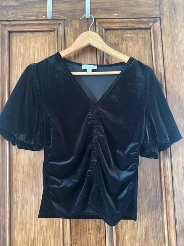 Topshop Topshop V-Neck Puff Sleeve Velvet Top