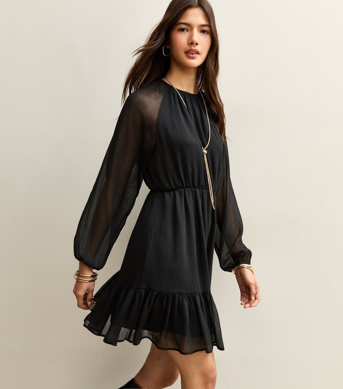 New Look Women's Black Chiffon Tiered Mini Dress New Look