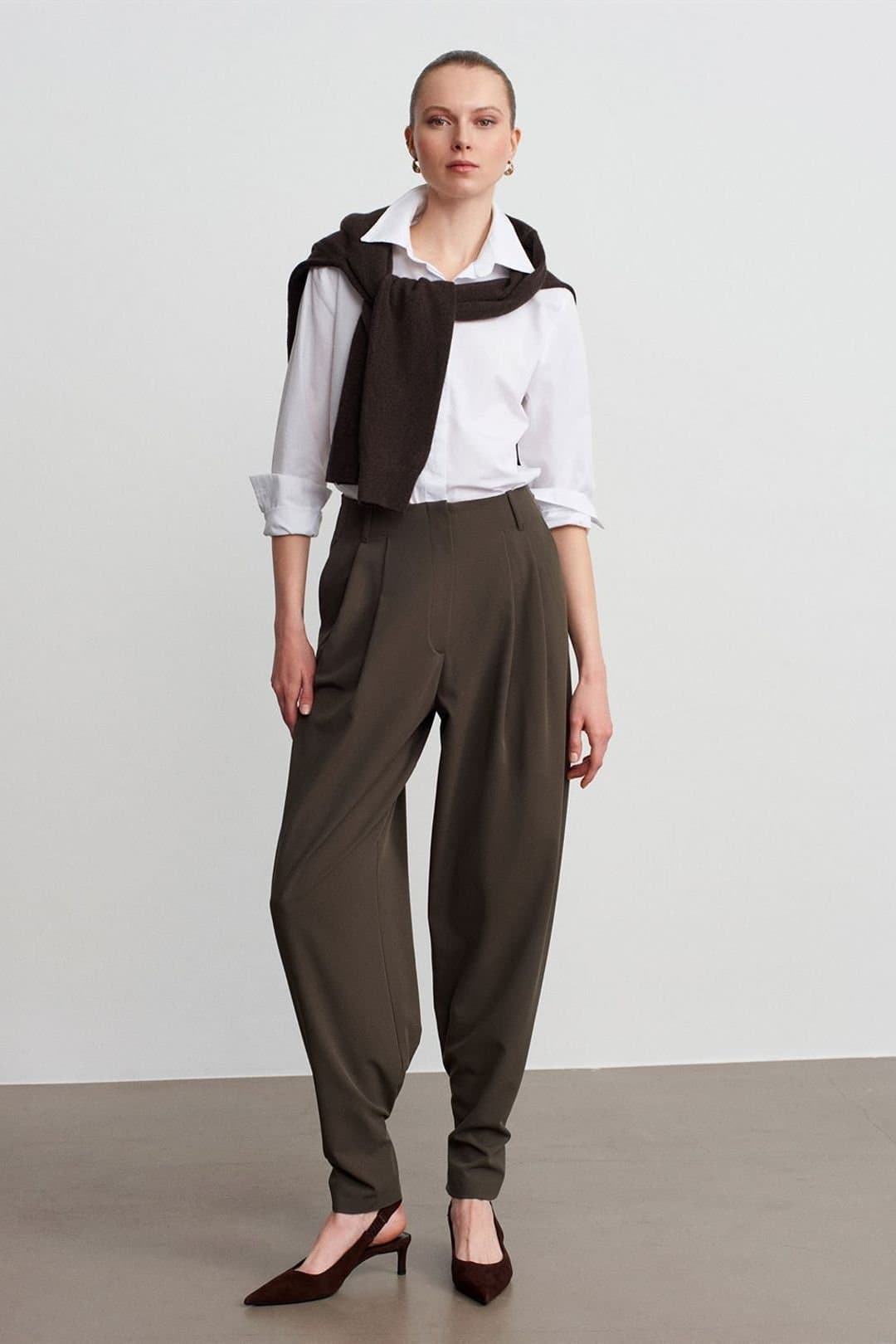 Dilvin Dilvin Women's Women's High-Waist Wide-Leg Crepe Trousers in Olive