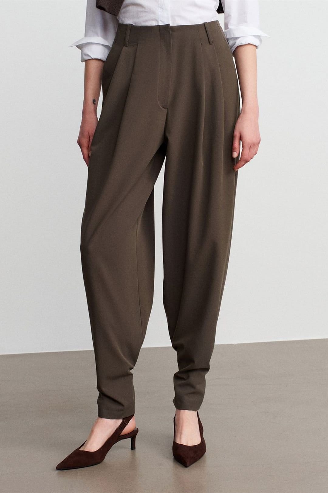 Dilvin Dilvin Women's Women's High-Waist Wide-Leg Crepe Trousers in Olive - 4