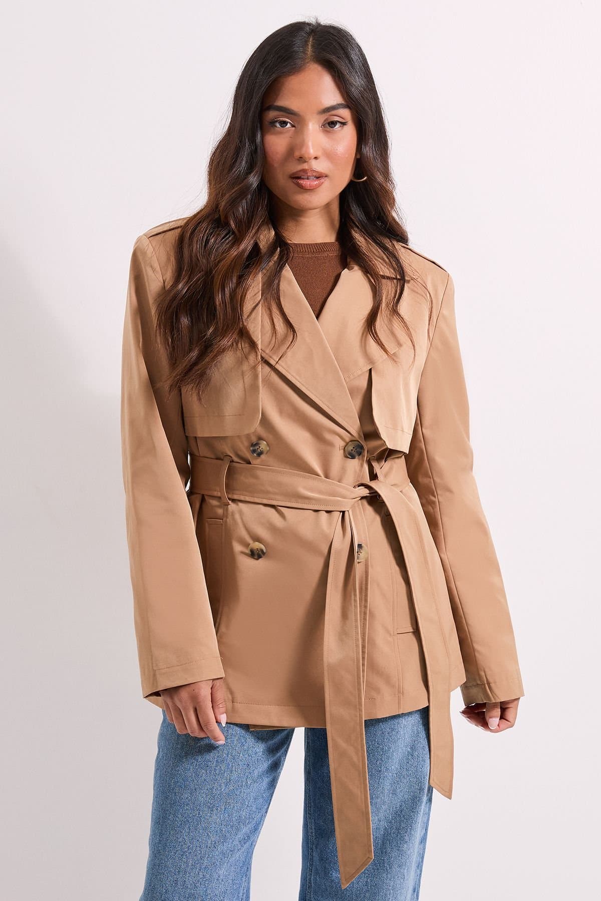 Dorothy Perkins Dorothy Perkins Women's Petite Double Breasted Belted Trench Coat in Camel