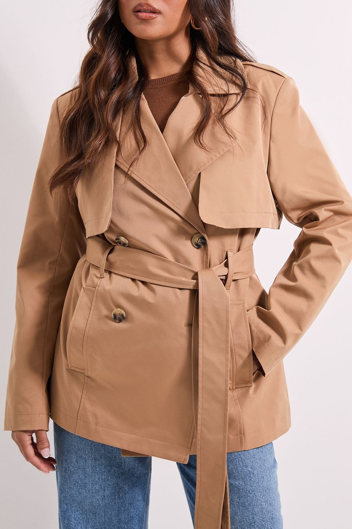 Dorothy Perkins Dorothy Perkins Women's Petite Double Breasted Belted Trench Coat in Camel - 4